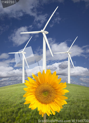 Image of Wind Turbines Against Dramatic Sky with Bright Sunflower