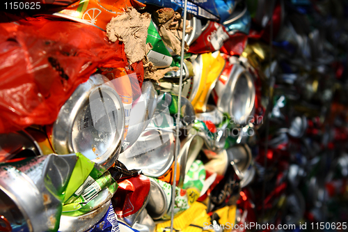 Image of Compressed beer can background close up 