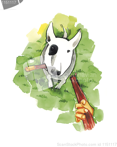 Image of Bull terrier with stick