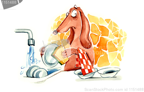 Image of dog washing the dishes