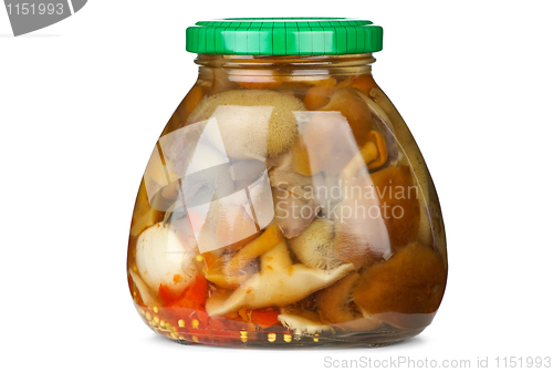 Image of Glass jar with mushroom assortment (Suillus and honey agarics) isolated on the white background