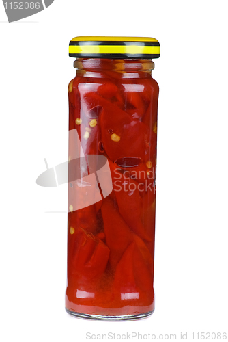 Image of Glass jar with marinated red chili peppers