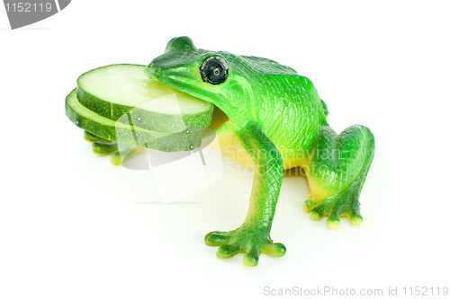 Image of Toy frog with two cucumber slices in mouth