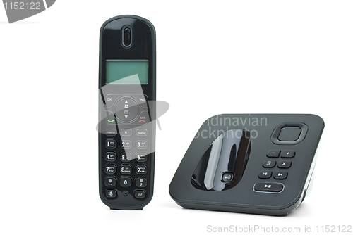 Image of Black cordless phone handset and base unit