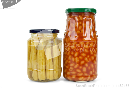 Image of Glass jars with marinated corn ears and harricot beans