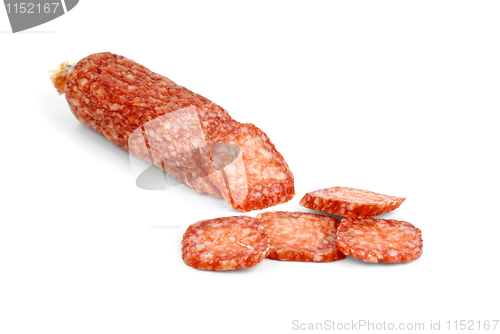 Image of Half of salami sausage and some slices near