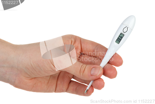Image of Hand hold electronic thermometer with high temperature on display