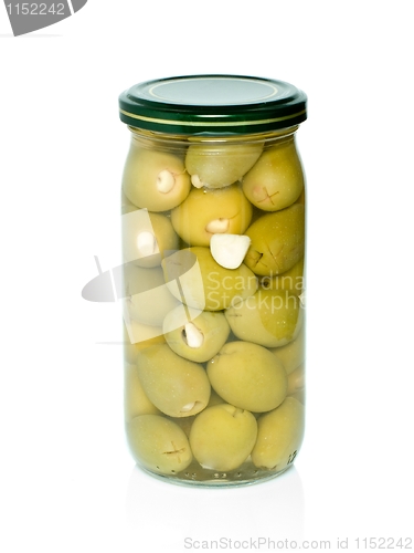 Image of Olives with garlic conserved in glass jar