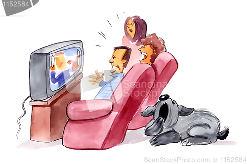 Image of family watching television and bored dog