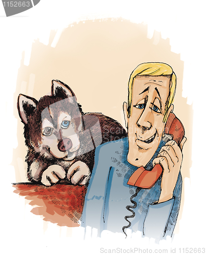 Image of man calling and husky dog
