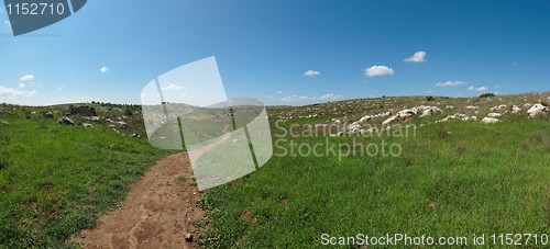Image of Hiking trail among Mediterranean hills in spring