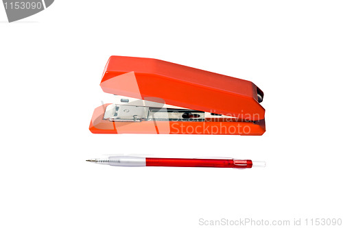 Image of Red stapler and pen