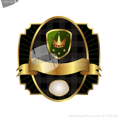 Image of royal label with golden frame, shield, crown