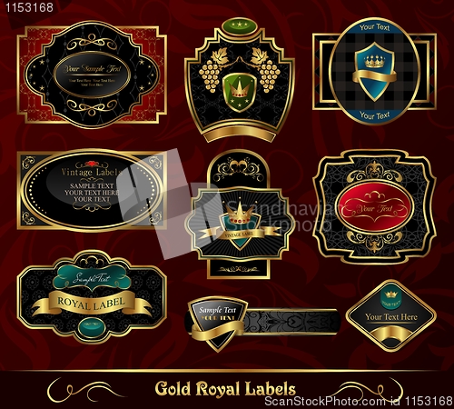 Image of set colorful gold-framed labels