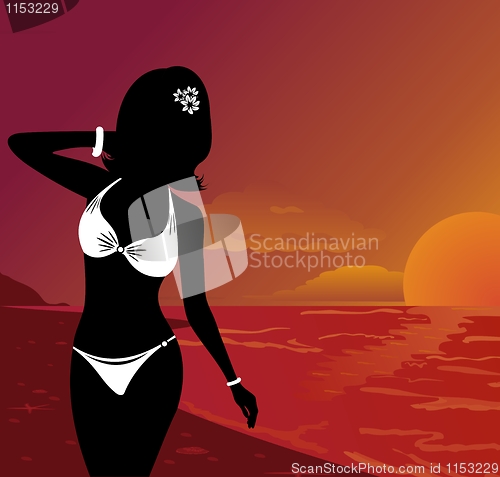 Image of silhouette beautiful girl at sunset on beach