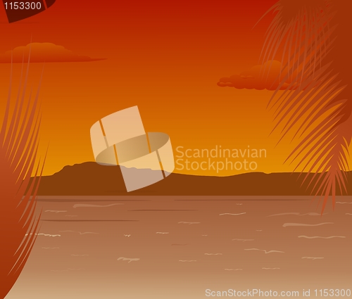Image of Sea landscape with mountains sunset