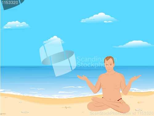 Image of Yogas the man sits on a beach and meditates