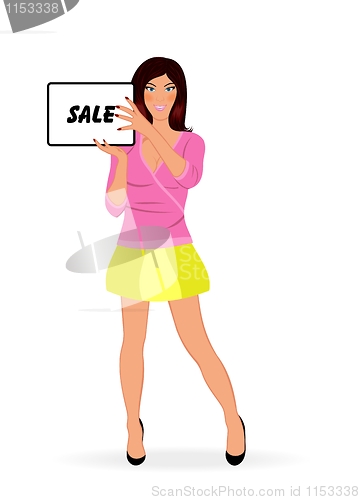 Image of fashion shopping girl showing message board ''sale''