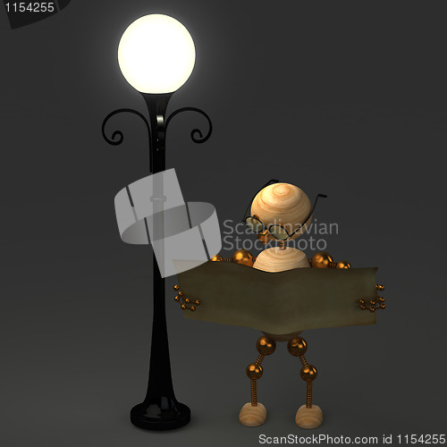 Image of 3d wood man standing near lamppost