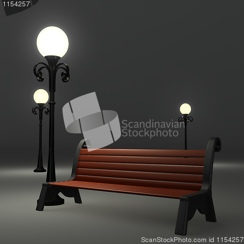 Image of 3d bench near the street lamppost