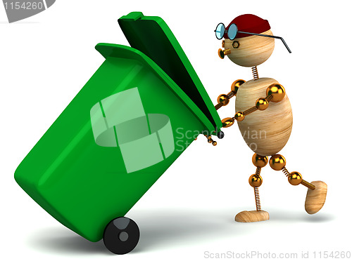 Image of 3d wood man pulling green waste container