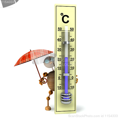 Image of 3d wood man is holding termometer