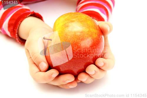 Image of child is holding fresh apple