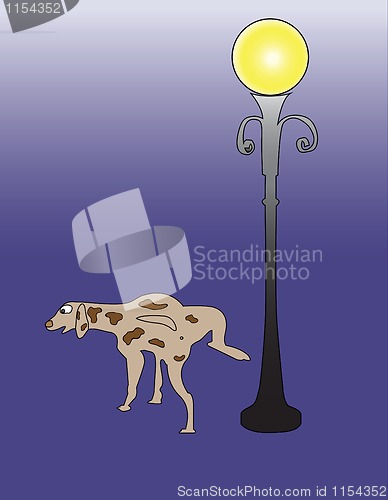 Image of dog is pissing on the lamppost