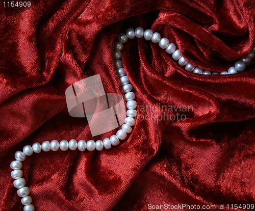 Image of Necklace of white pearls on a terracotta velvet 