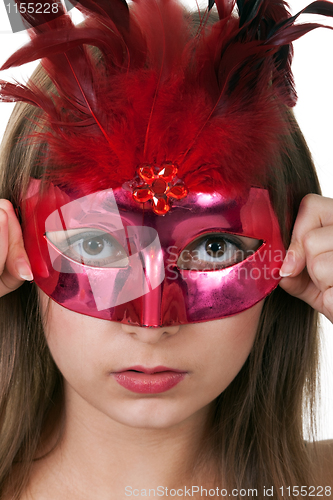 Image of girl in the red masquerade mask