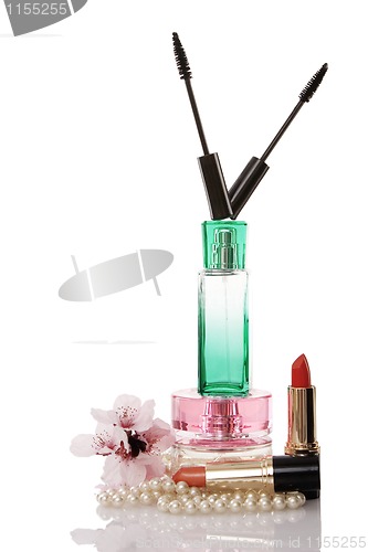 Image of Pearls beads, cosmetics and parfume 