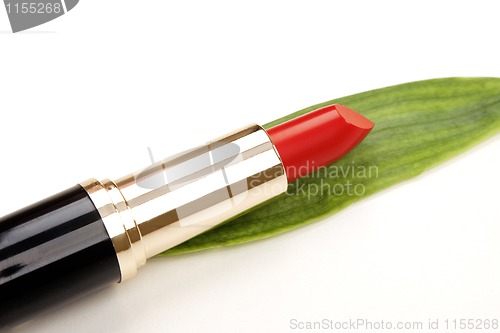 Image of glamor red shiny lipstick and green leaf