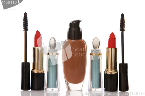 Image of red lipstick and cosmetics, beauty concept