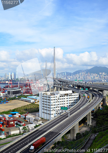 Image of bridge and container terminal  in Hong Kong