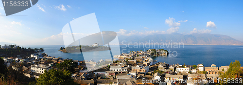 Image of Panorama landscape of lake and village