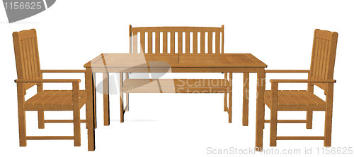 Image of Wooden dinner table, chair and seat