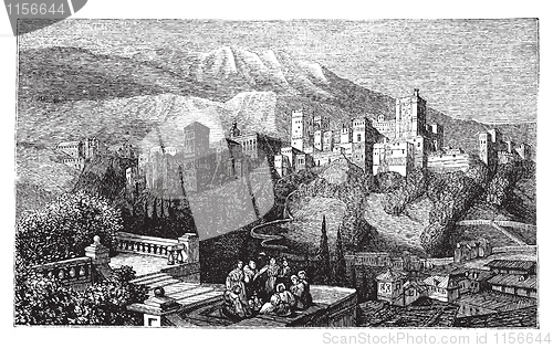 Image of The Alhambra, in Granada, Spain. Old engraving around 1890.