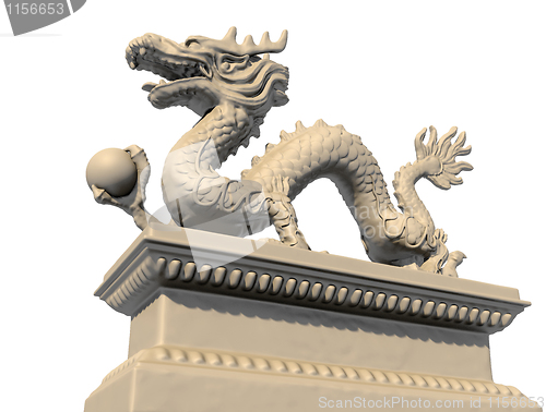 Image of White Chinese dragon statue holding a ball in his claws, bottom 