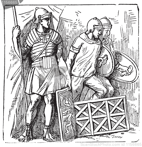 Image of Roman segmented armors and shield old engraving, based on the Tr