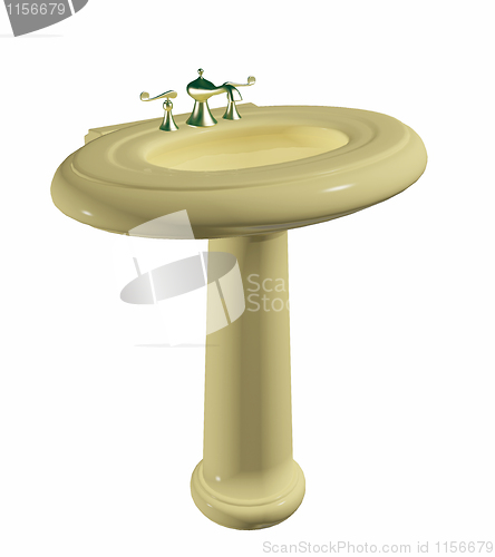 Image of Cream colored washbasin or sink on a stand, with golden faucet.