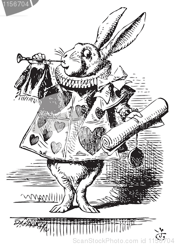 Image of White Rabbit, dressed as a herald, blowing trumpet - Alice's Adv