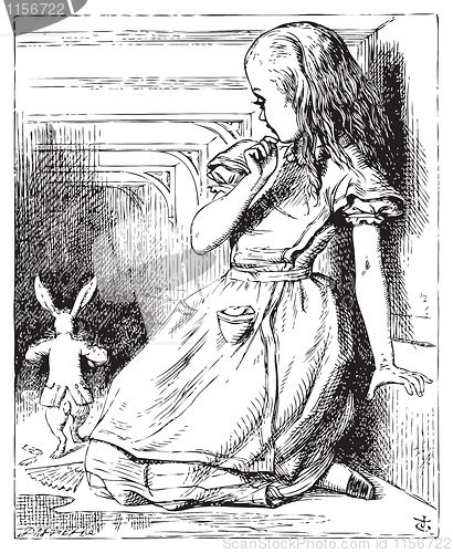 Image of Alice grown big looking at the White Rabbit returning, splendidl