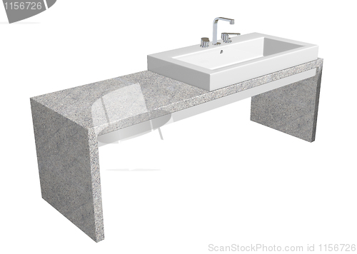 Image of White square sink with chrome faucet, sitting on a granite table