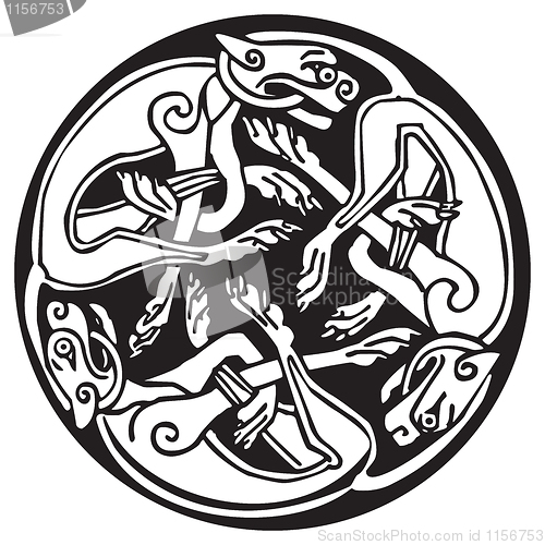 Image of Celtic design of a three dogs biting their tails intertwined ins