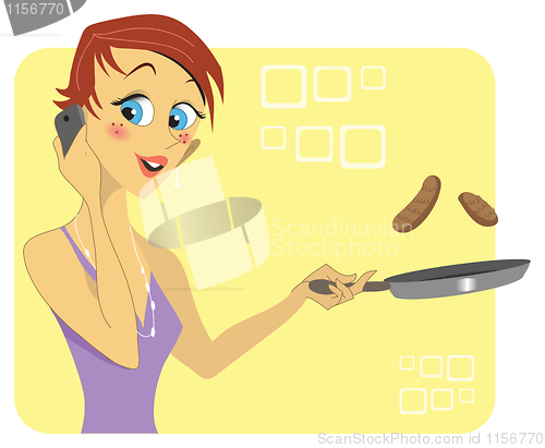 Image of Woman talking on the phone while cooking