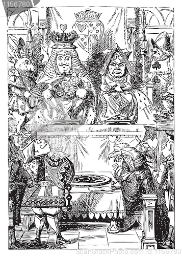 Image of Frontispiece: The King and Queen inspecting the tarts. Alice in 