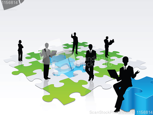 Image of 3D business silhouette assembling a puzzle