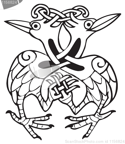 Image of Celtic design with knotted lines of two dove birds