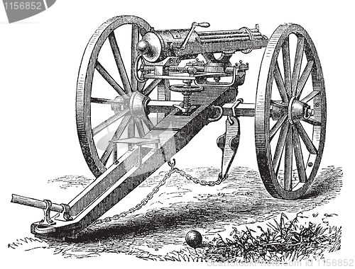 Image of Galting gun vintage engraving.