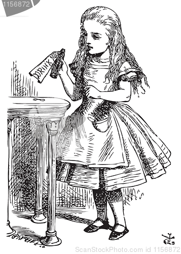 Image of Drink me. Alice is picking up a small bottle on the table, which